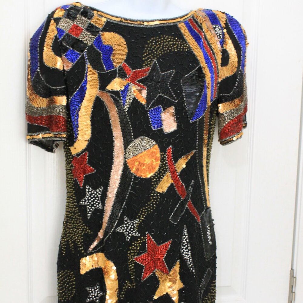 Vintage 80s Nite Line Sequin Beaded Cocktail Silk Dress Size 8 Black GORGEOUS